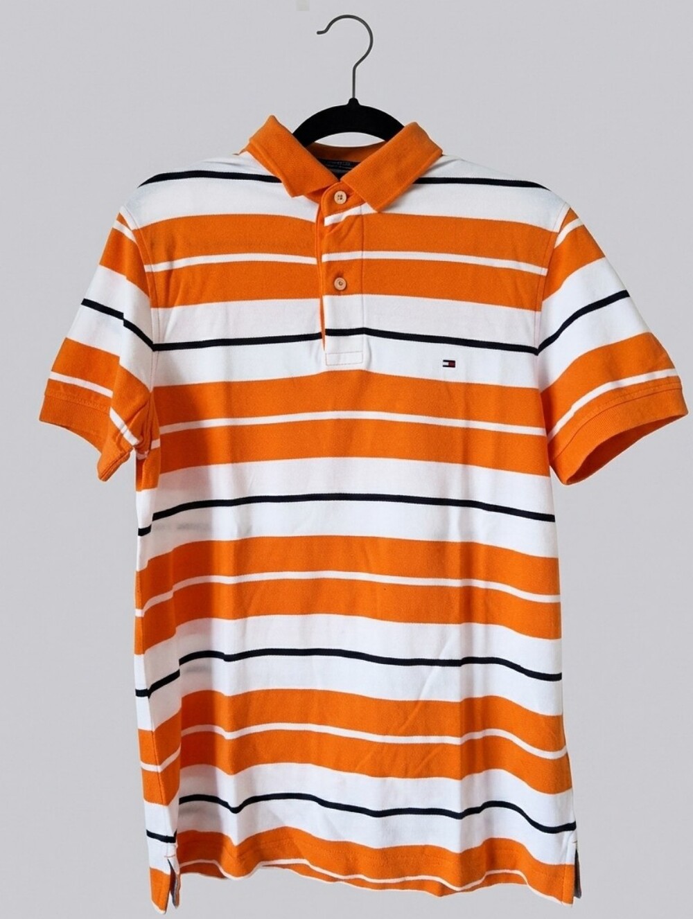 Tommy Hilfiger Orange, White & Black Striped Polo Shirt - Men Size Small